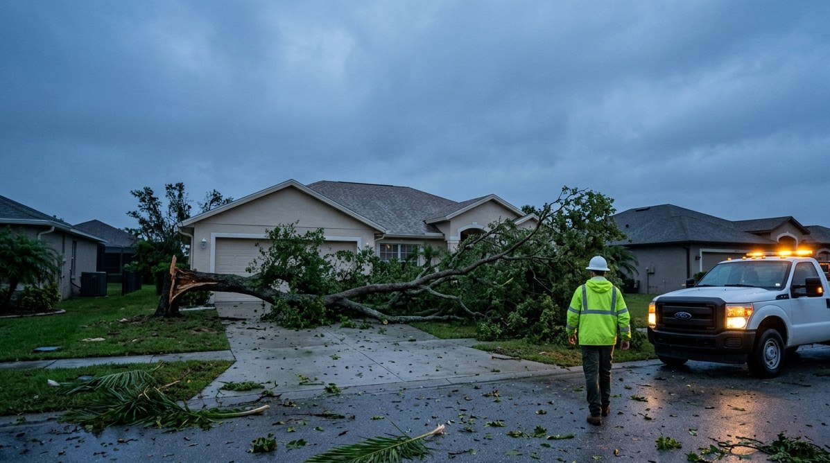 Fallen oak limb blocking a driveway after a storm