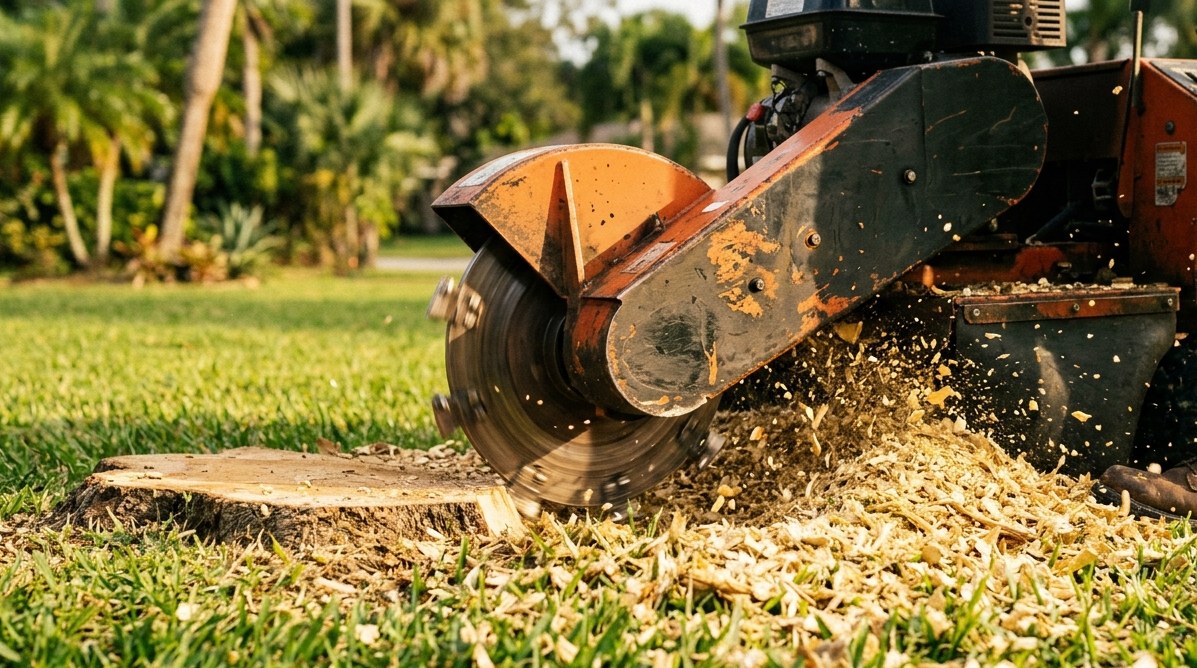 Stump grinder clearing an oak stump in a Florida front yard