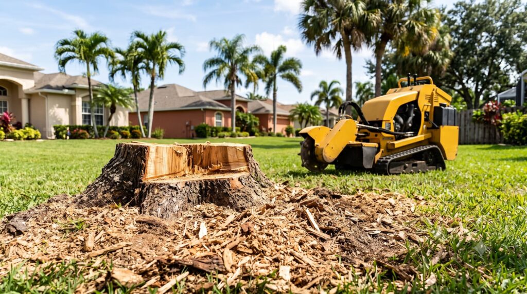 Stump grinding service Ocala FL - grinder machine and fresh wood chips
