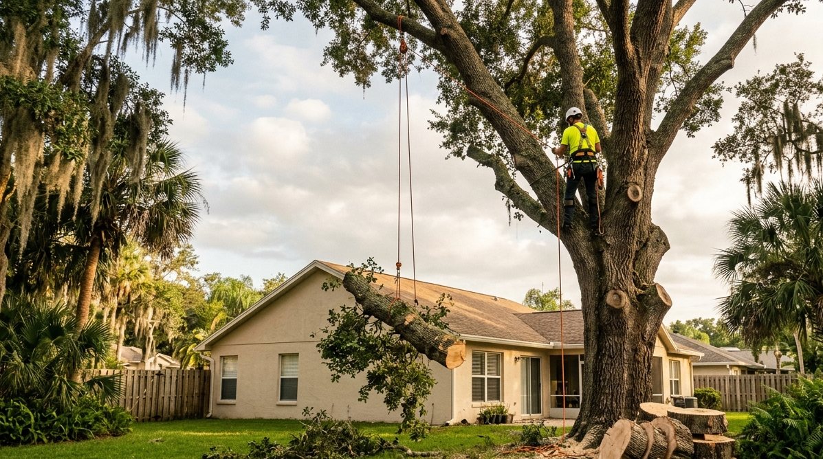 Arborist removing a large live oak from a backyard