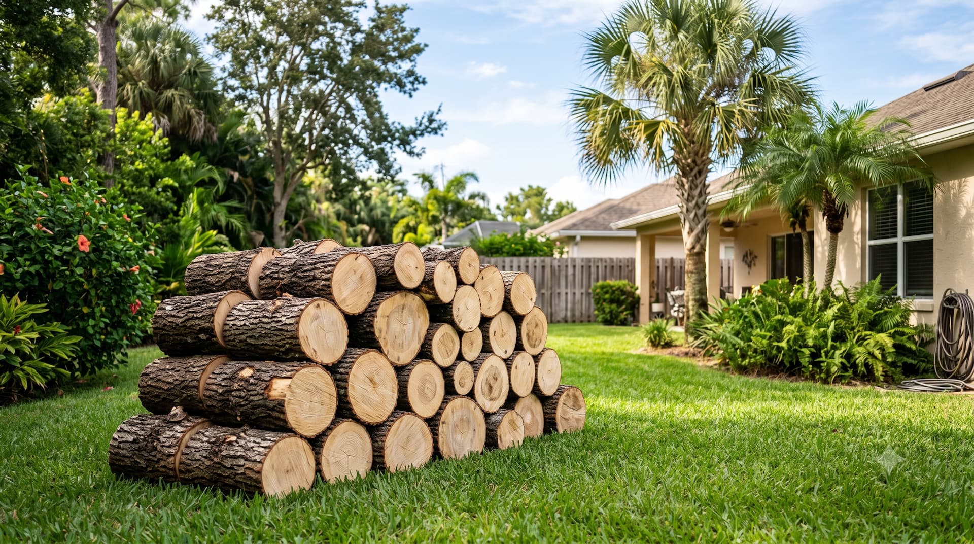 Tree removal Ocala FL - oak logs stacked on residential lawn