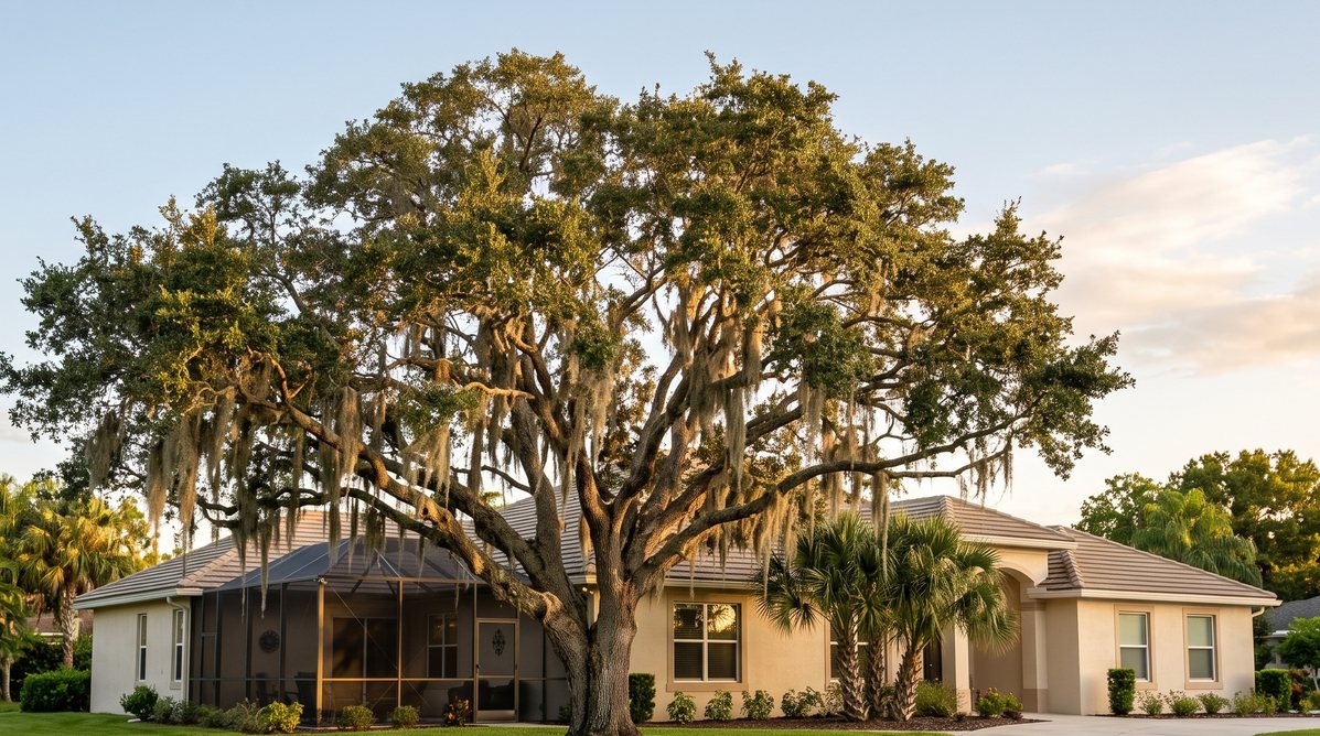 Large live oak with Spanish moss in front of a Florida home
