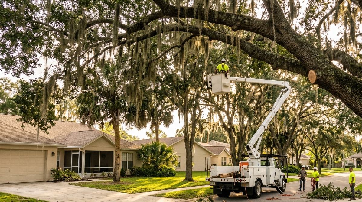Crew trimming an oak canopy from a bucket truck