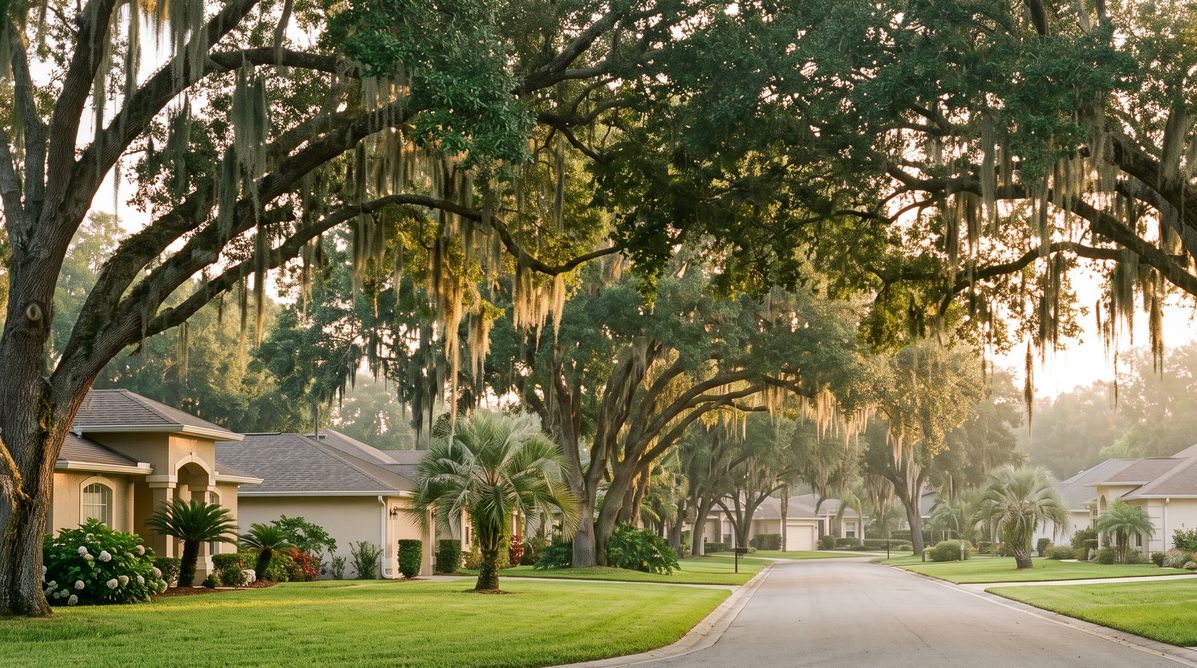 Residential street in Ocala, Florida lined with live oaks and Spanish moss